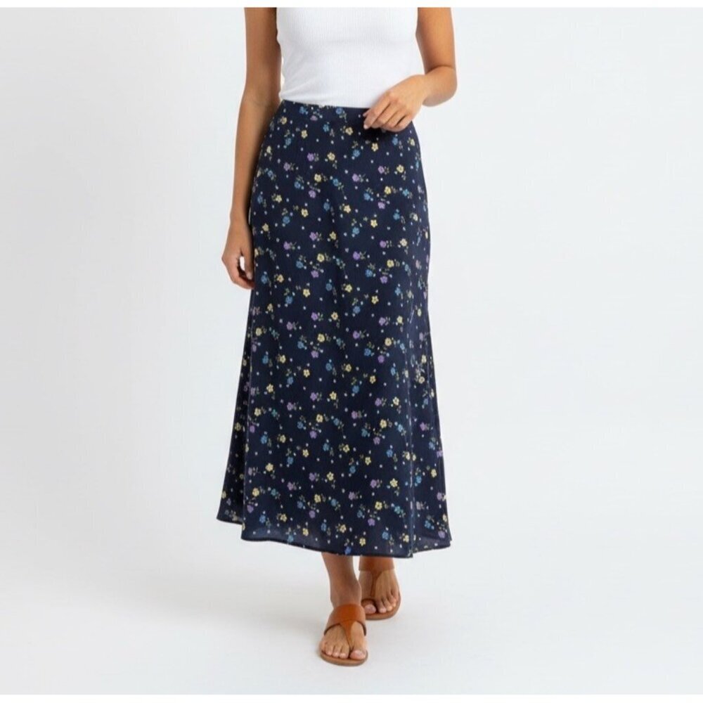 Vintage Floral Midi Skirt 90s Blue Size LARGE Cottagecore Grunge Fairy